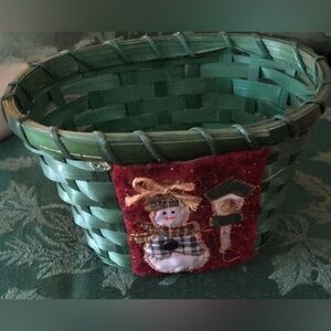 Green Woven Basket with Snowman Patch